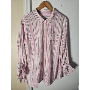 Pink Stripe Button Up Seersucker Shirt Womens Size XXL 100% Cotton Relaxed